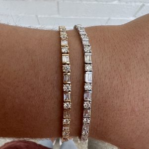 Baguette and Round Diamond Cut Line Bracelet in White Gold