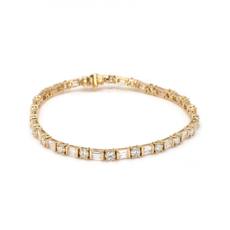 Baguette and Round Diamond Cut Line Bracelet in Yellow Gold