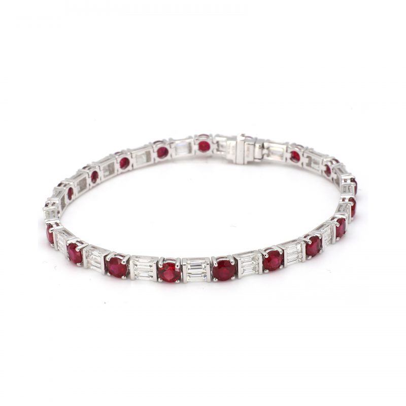 Alternating Baguette Cut Diamond and Round Ruby Line Bracelet