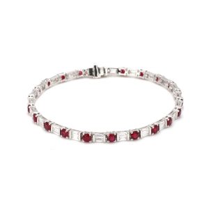 7" Alternating Baguette Cut Diamond and Round Ruby Line Bracelet