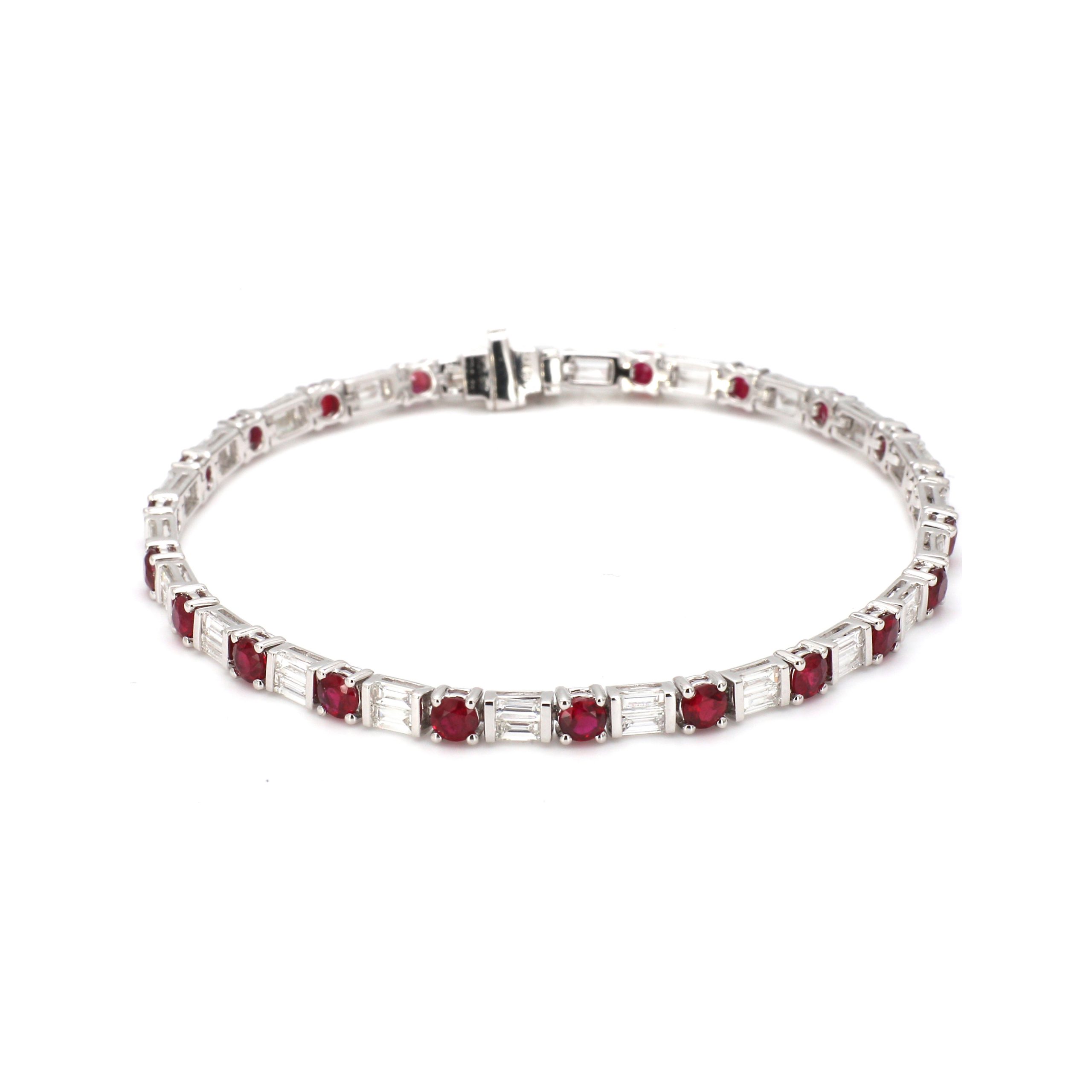7 Alternating Baguette Cut Diamond and Round Ruby Line Bracelet