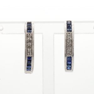 Princess Cut Sapphire & Diamond Hoop Earrings in 14k White Gold