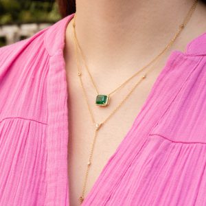 Emerald Set East-West with Diamond Halo Necklace