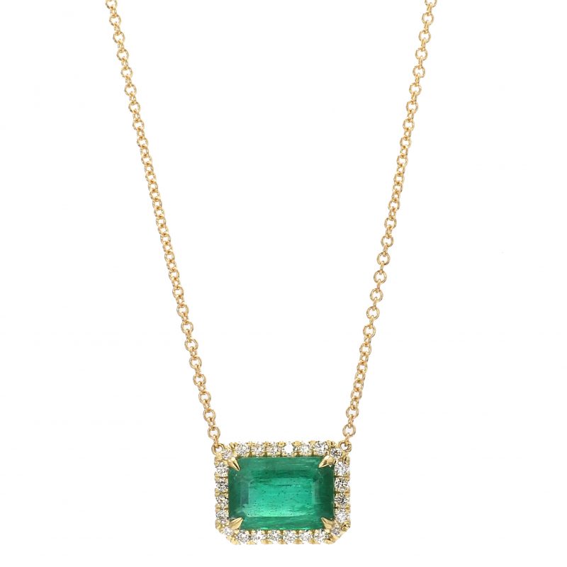 Emerald Set East-West with Diamond Halo Necklace