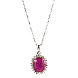 Oval Ruby Pendant with Diamond Halo Pendant Necklace
