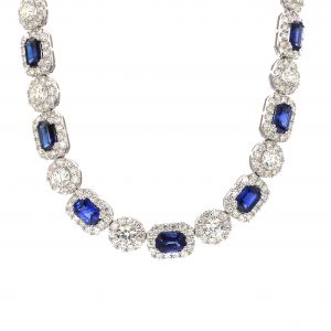 Alternating Emerald Cut Sapphires and Round Diamond with Diamond Halo Necklace