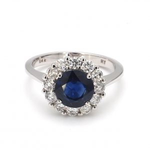 Round Sapphire and Round Diamond Halo Ring