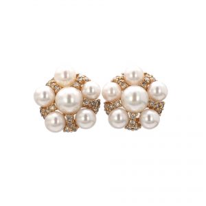 Pearl and Diamond Cluster Stud Earrings