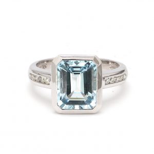 Bezel Set Aquamarine with Channel set Diamond Ring