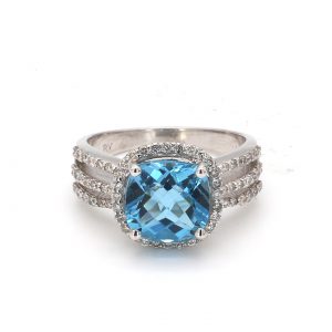 Blue Topaz Cushion Cut Ring with Diamond Accents