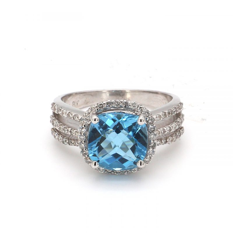 Blue Topaz Cushion Cut Ring with Diamond Accents