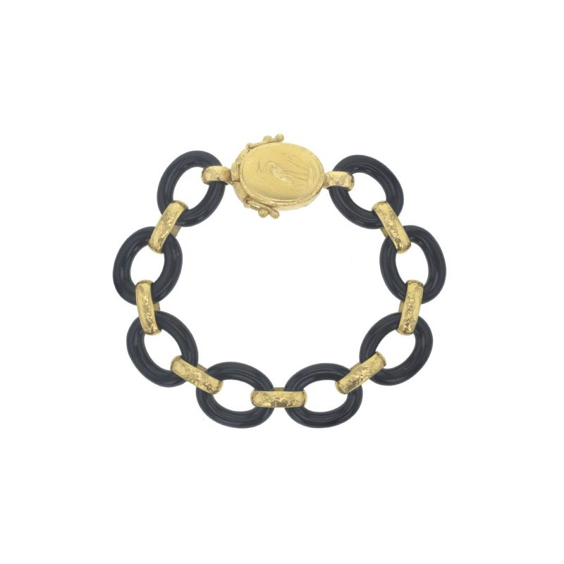Elizabeth Locke Medium Black Jade Link Bracelet with Hammered Gold Crane Clasp