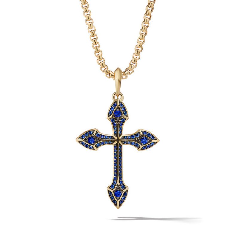 Gothic Cross Amulet in 18K Yellow Gold with Pav� Sapphires