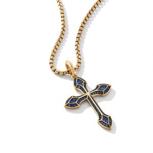 Gothic Cross Amulet in 18K Yellow Gold with Pav� Sapphires
