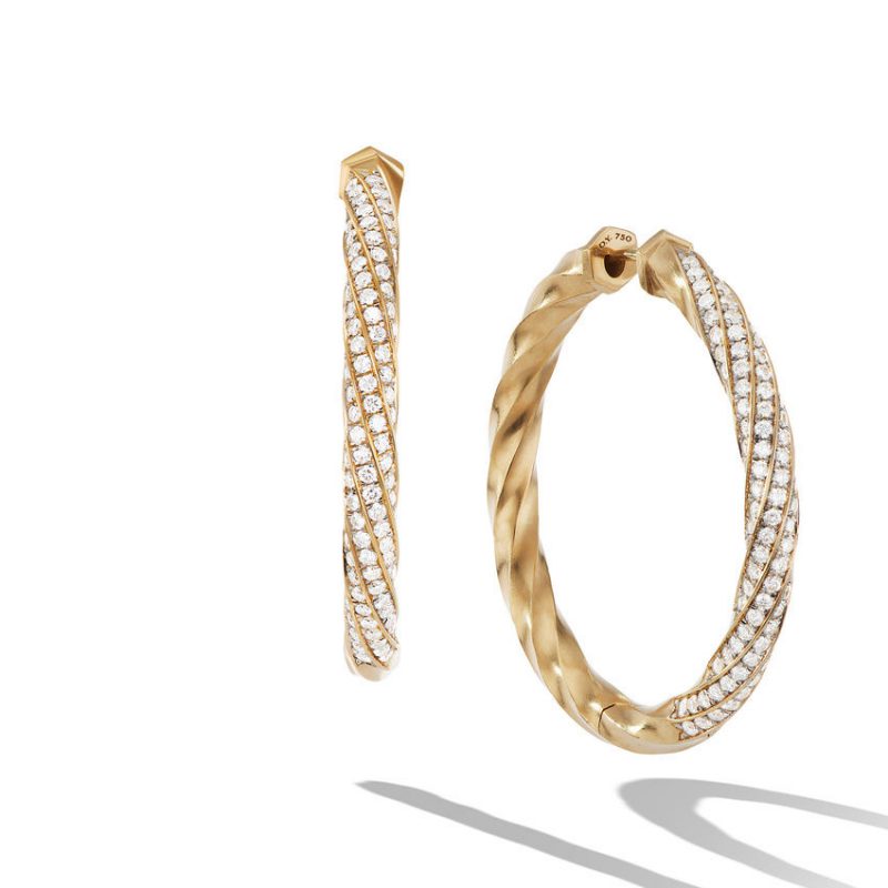 Cable Edge Hoop Earrings in Recycled 18K Yellow Gold with Pav� Diamonds