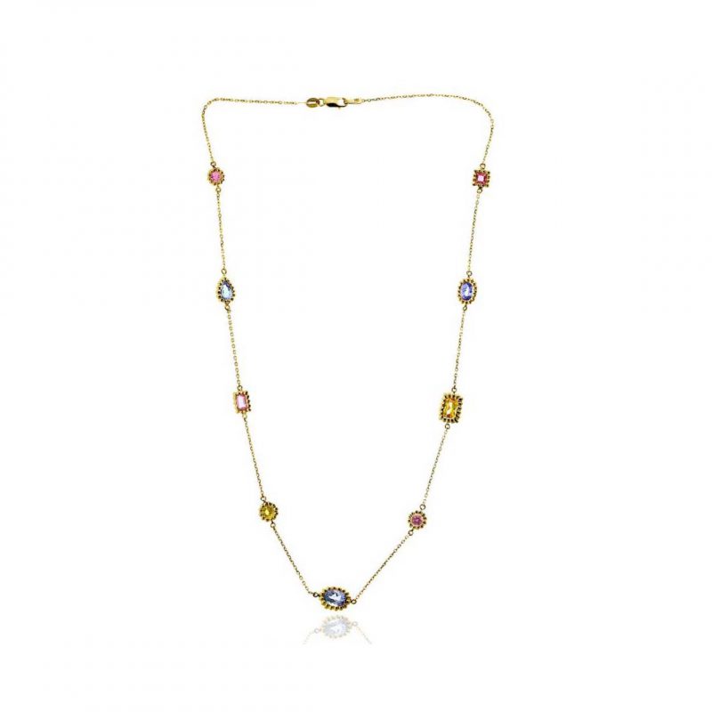 Multi Color and Shape Sapphire Stations Chain Necklace