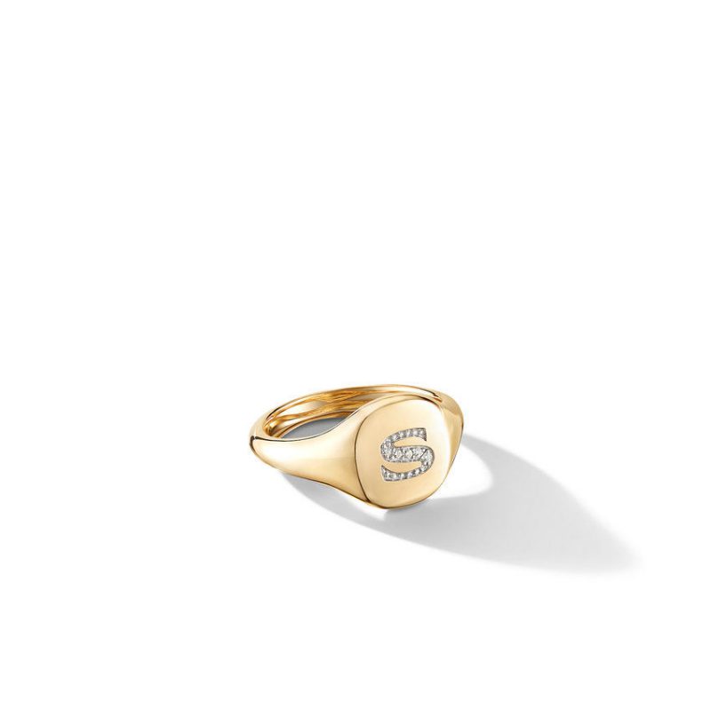 Mini DY Initial Pinky Ring in 18K Yellow Gold with Diamonds