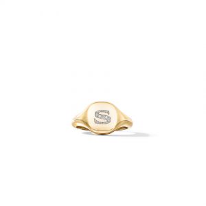Mini DY Initial Pinky Ring in 18K Yellow Gold with Diamonds