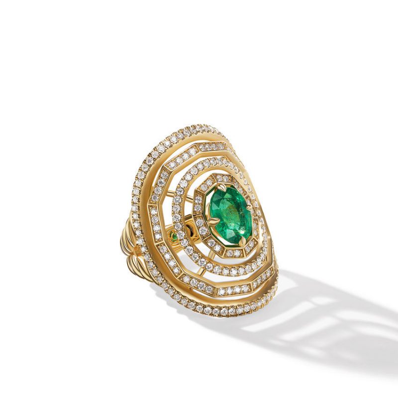Stax Statement Ring in 18K Yellow Gold with Full Pav� Diamonds and Emerald