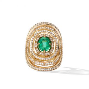 Stax Statement Ring in 18K Yellow Gold with Full Pav� Diamonds and Emerald