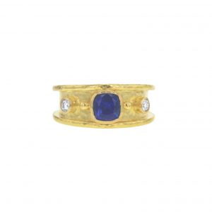 Elizabeth Locke Cushion Blue Sapphire with Diamonds Cigar Band Ring