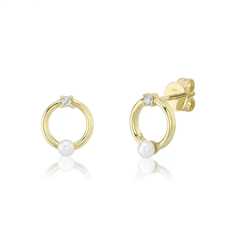 Open Circle Diamond and Cultured Pearl Stud Earrings
