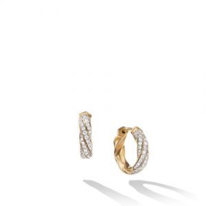Cable Edge Huggie Hoop Earrings in Recycled 18K Yellow Gold with Pav� Diamonds