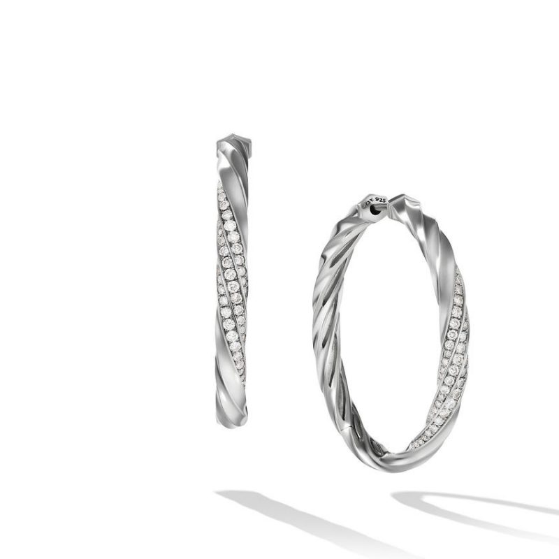 Cable Edge Hoop Earrings in Recycled Sterling Silver with Pav� Diamonds