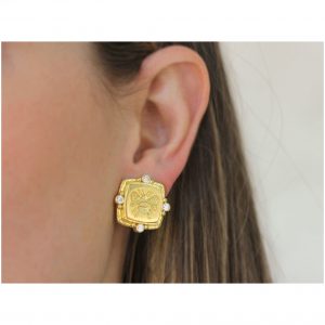 Elizabeth Locke Gold Cushion Bee Stud Earrings with Diamonds