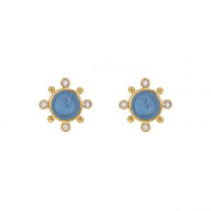 Elizabeth Locke Swimming Pool Blue Venetian Glass Intaglio 'Tiny Bee' Round Stud Earrings