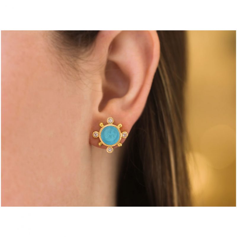 Elizabeth Locke Round Diamond Earring Charms with Diamond Halo for