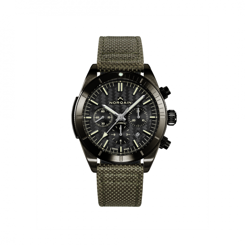 NORQAIN 44MM Adventure Sport Chronograph Watch with Black Dial and Khaki Bracelet