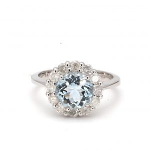 Round Aquamarine Gemstone with Diamond Halo Ring