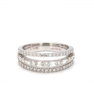 Round and Baguette Three Row White Gold Diamond Ring