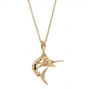 Yellow Gold Small Marlin Pendant Necklace with Round Blue Diamond Eye