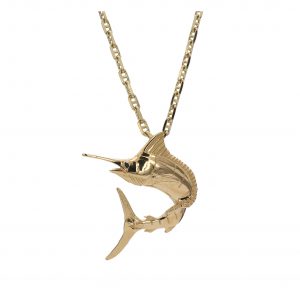 Yellow Gold Marlin Pendant on Anchor Chain Necklace