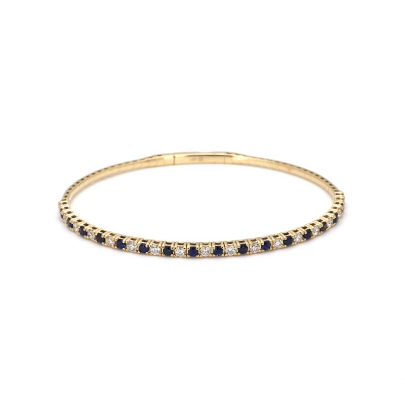 Yellow Gold Alternating Thin Diamond and Sapphire Bangle Bracelet