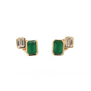 Two Stone Bezel Emerald and Diamond Stud Earrings