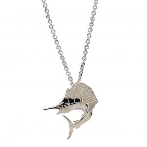 Sterling Silver Small Sailfish Pendant Necklace with Sapphire Eye