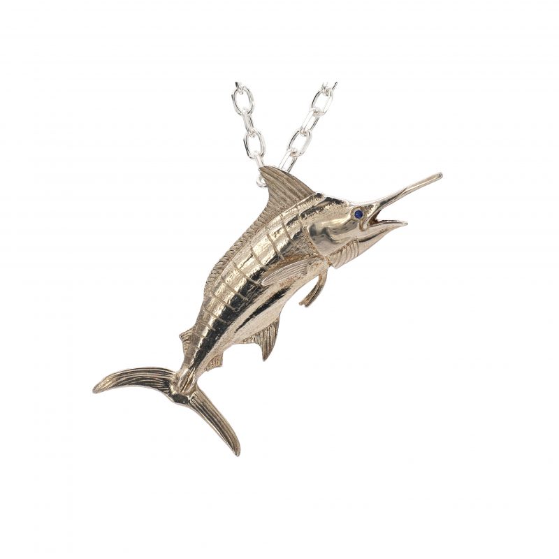 Large Marlin Fish Pendant Necklace with Blue Sapphire Eye