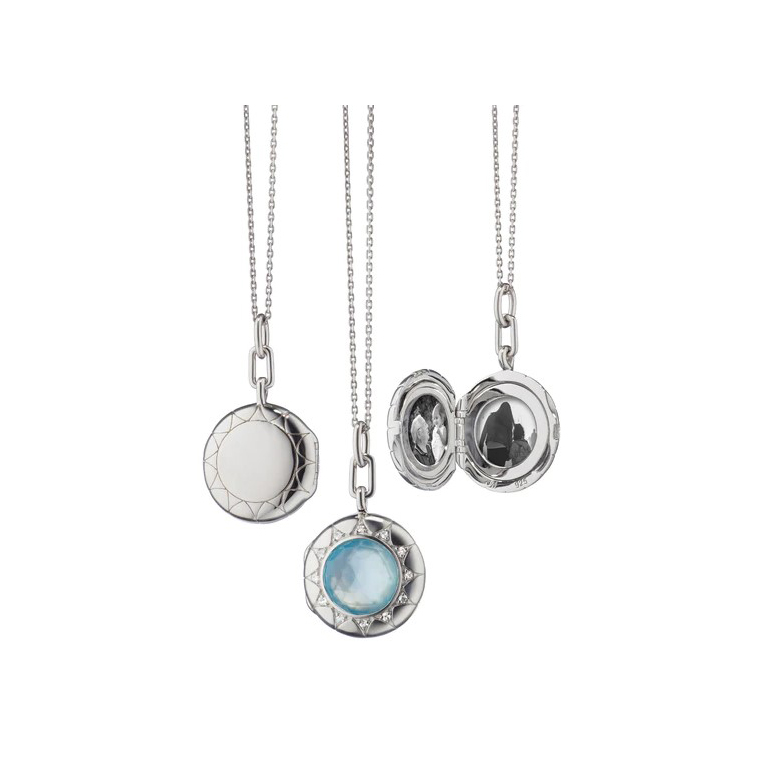 Monica Rich Kosann Round Blue Topaz Over Mother of Pearl with White Sapphires Locket Necklace