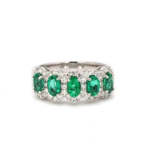 Five Stone Emerald With Diamond Halos Band Ring