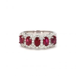 White Gold Five Stone Ruby Ring with Diamonds