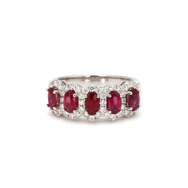 White Gold Five Stone Ruby Ring with Diamonds