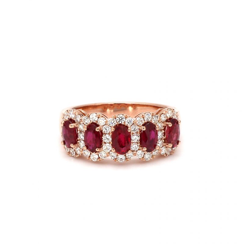 Five Stone Oval Ruby Ring With Diamond Halos
