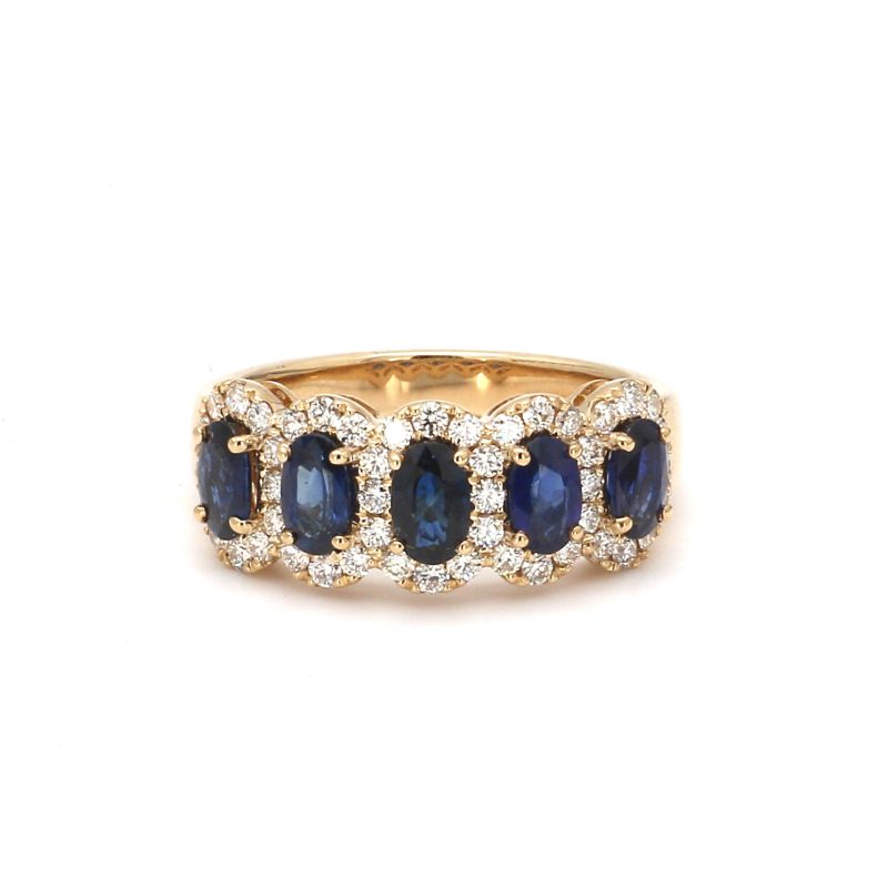 Five Stone Sapphire With Diamond Halos Ring