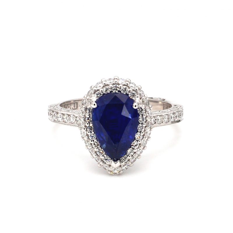 Pear Cut Sapphire Ring with Diamond Halo