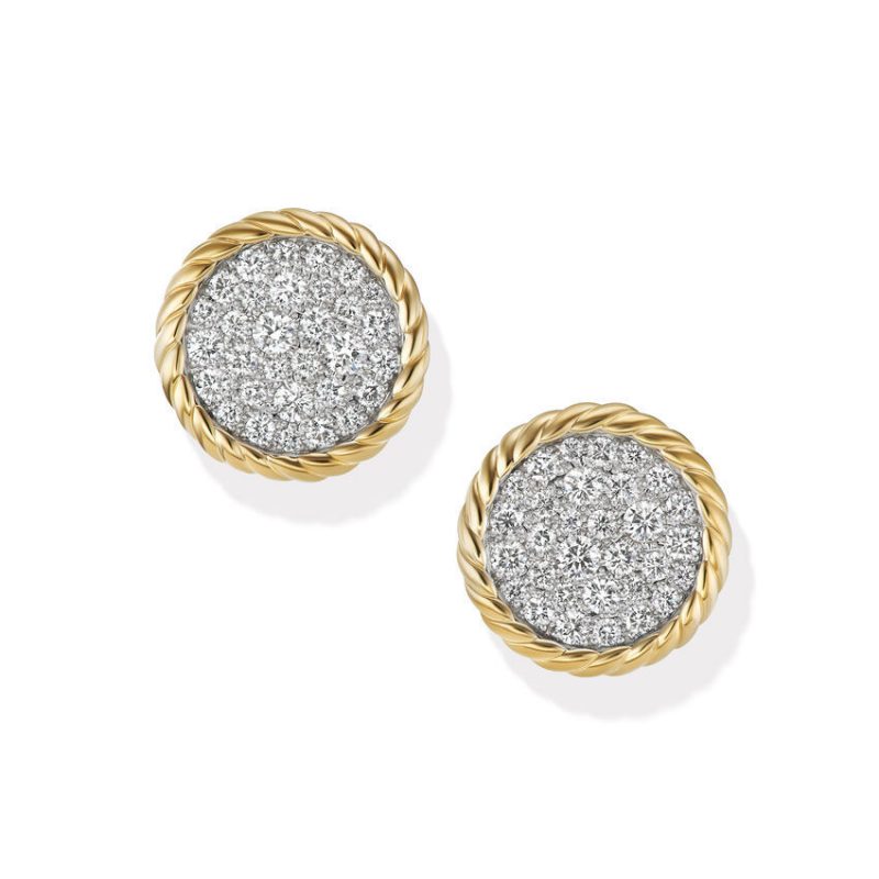 David Yurman Elements Button Stud Earrings in 18K Yellow Gold with Pave Diamonds
