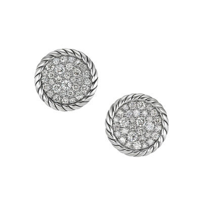David Yurman Elements Button Stud Earrings in Sterling Silver with Pave Diamonds