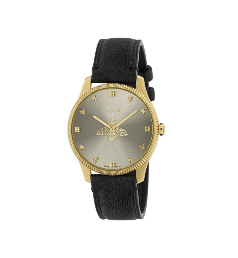 Gucci G-Timeless Slim 36mm Yellow Gold PVD SIlver Bee Leather Watch